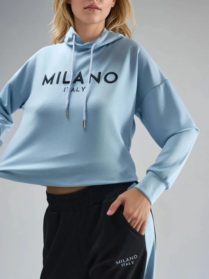 Hiccup Baby Blue Modal Touch Hooded Embroidered Long Wide Leg Two-Piece Co-ord Set Bersan Collection for Women | Best Price UAE
